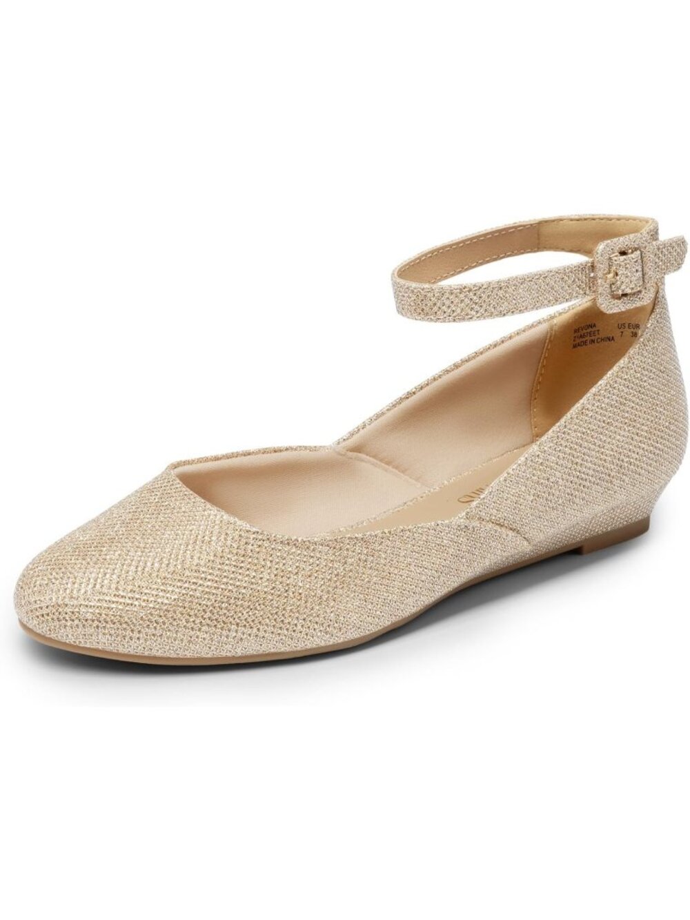 Women's Gold Glitter Comfortable Ballet Low Wedge Round Toe Ankle Strap Flats